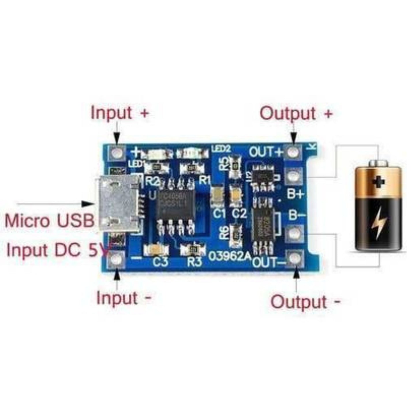 TP4056 Lithium‑Ion Battery Charger Module – 5 V Micro‑USB & USB‑C, 1 A with Protection