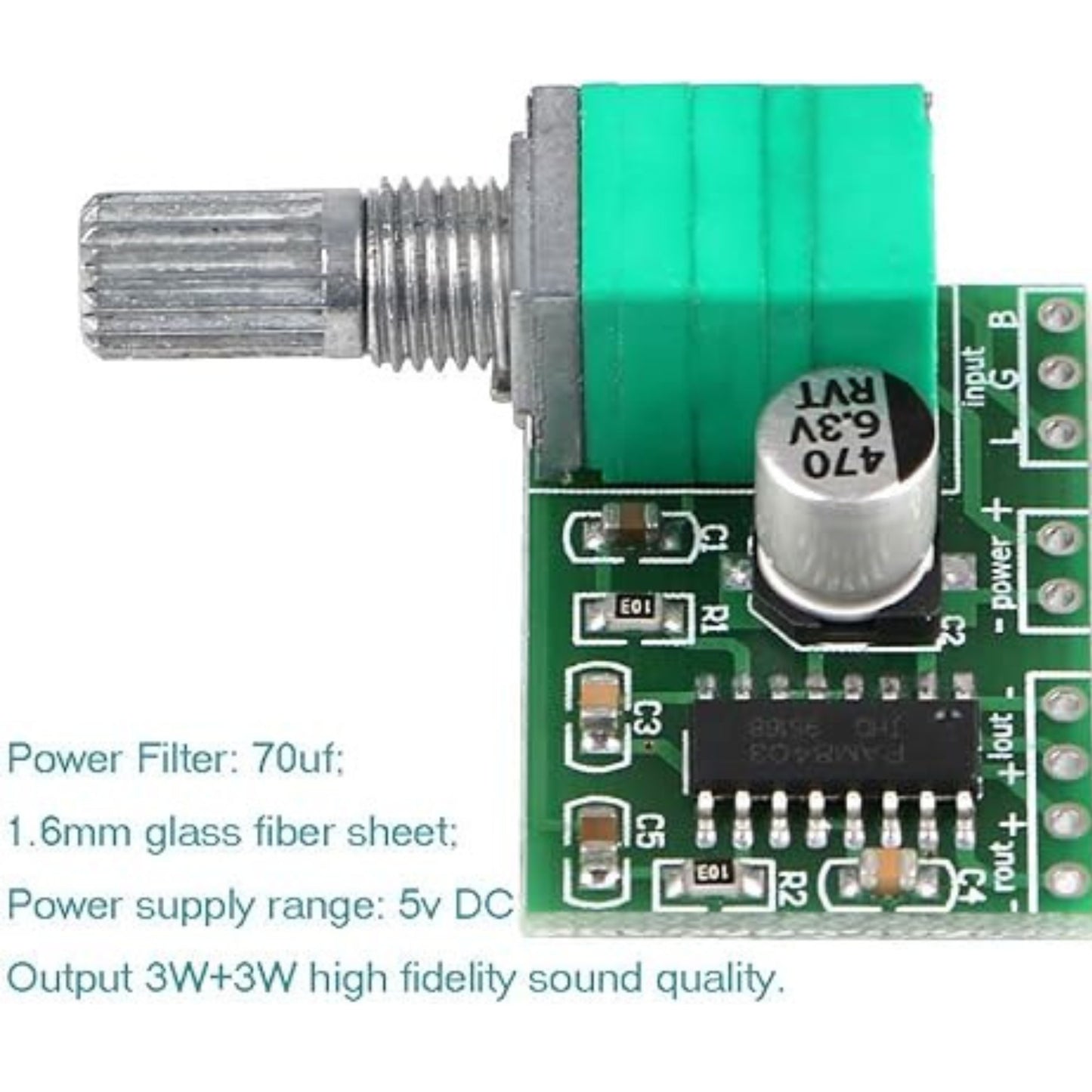 PAM8403 Mini Stereo Amplifier Module with Volume Control – Clear Sound, Compact Size
