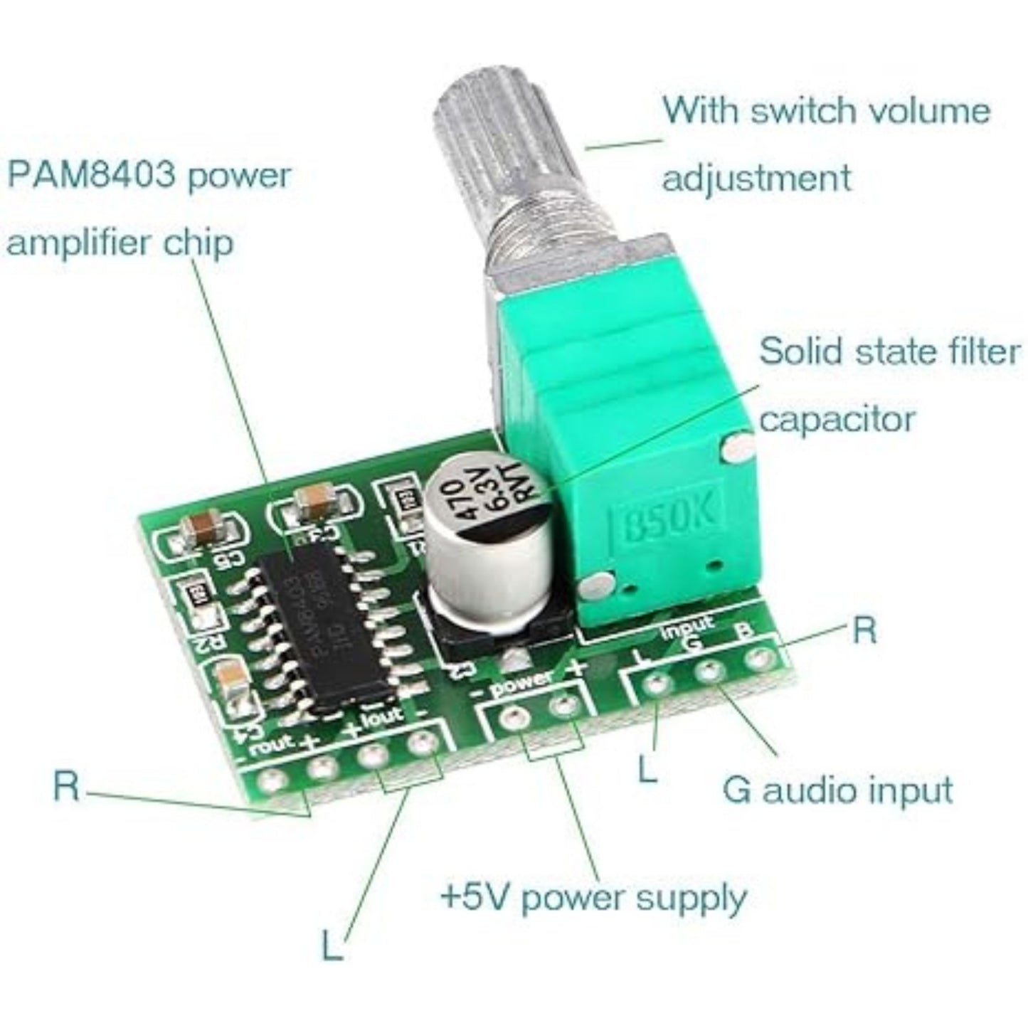 PAM8403 Mini Stereo Amplifier Module with Volume Control – Clear Sound, Compact Size